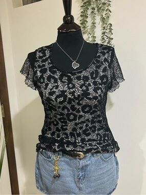 Chicos Cheetah / Leopard Black Lace Short-Sleeve Women's Top Size 0 (Small)